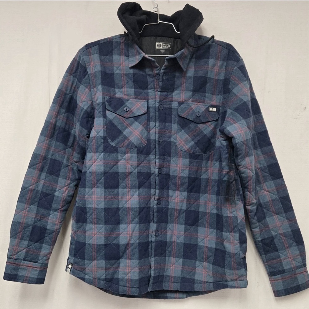 Salty Crew Quilted Plaid Shirt Jacket Men's XL Blue Mid-Length Button down